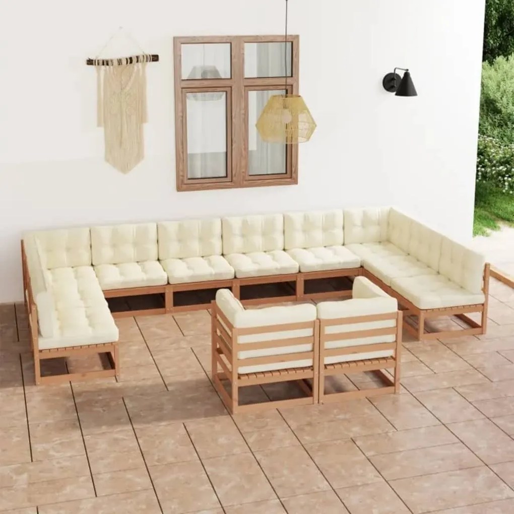 vidaXL 12pcs conj. lounge jardim almofadões pinho maciço castanho mel