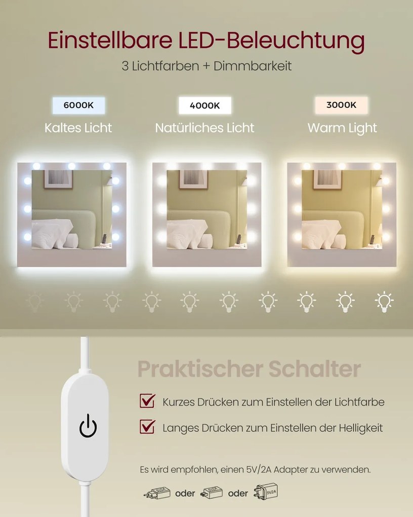 Toucador Kailyn com espelho e iluminação LED 40 x 107 x 144 cm Branco 