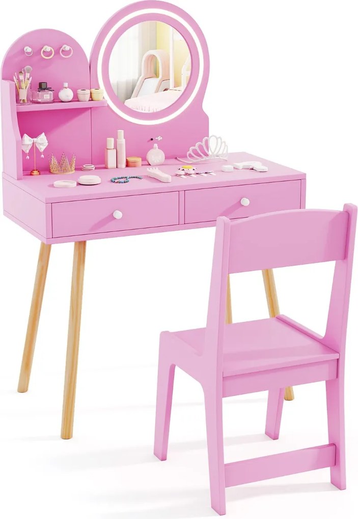 Conjunto de toucador para crianças com espelho iluminado de princesa Rosa