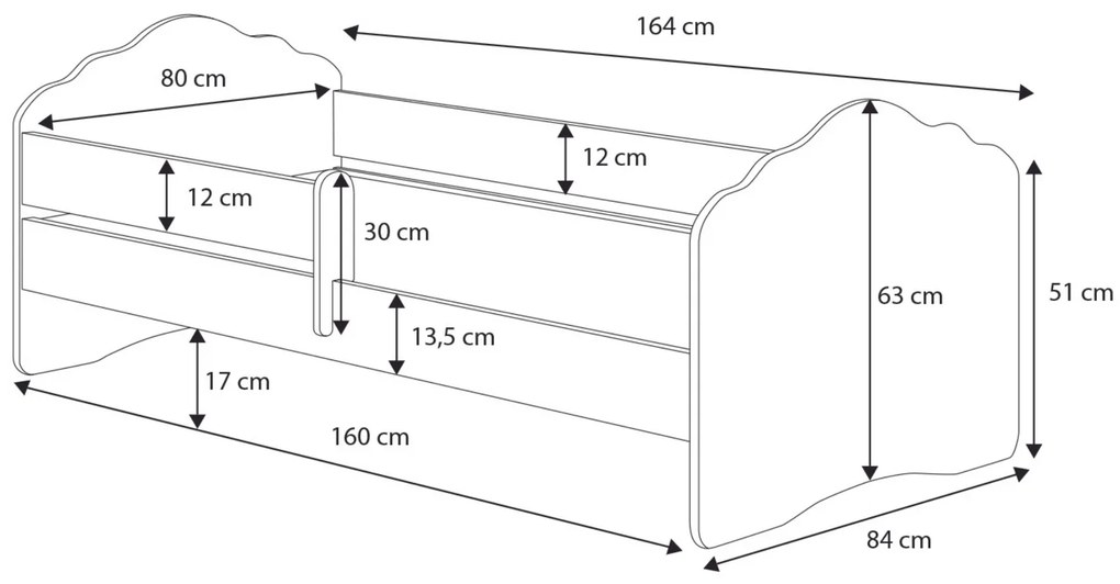 Cama infantil Wave unicórnio 160x80 com grade branca - colchão e estrado incluído