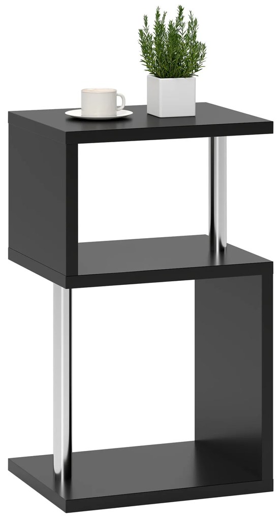 HOMCOM Mesa Auxiliar com Luz LED de 3 Níveis Mesa Auxiliar Moderna com Forma de S Prateleiras Abertas e Estrutura em Alumínio para Sala Quarto 44x38x75 cm Preto Brilhante