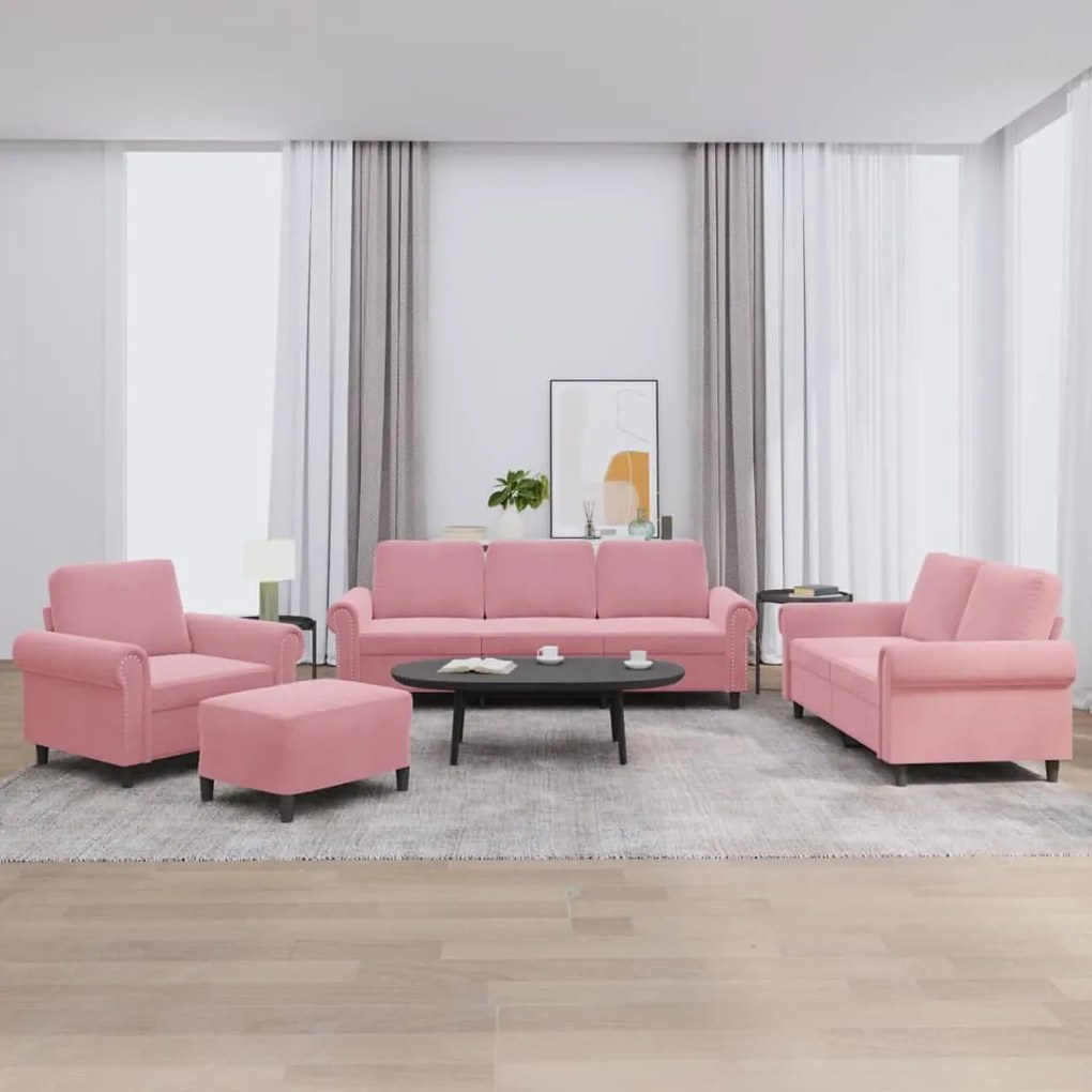 vidaXL 4 pcs conjunto de sofás com almofadões veludo rosa