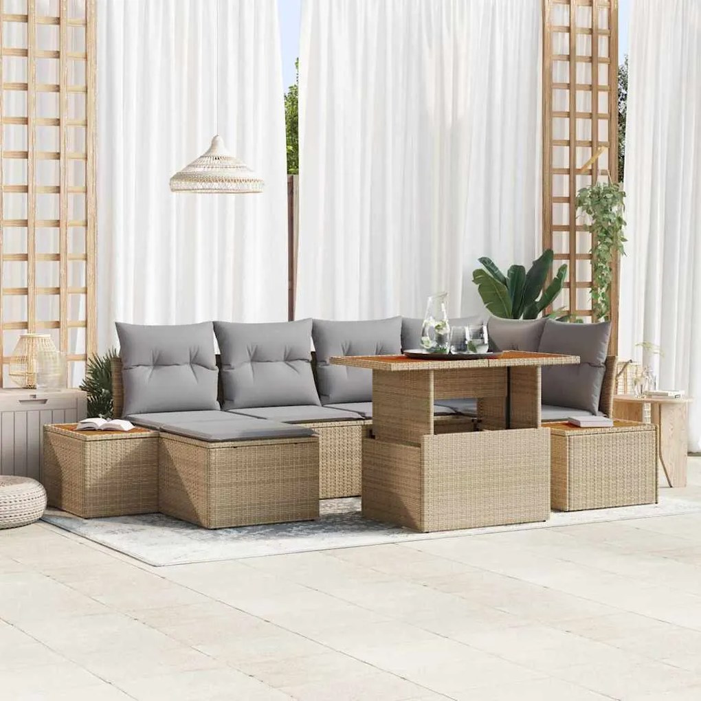 vidaXL Conjunto de Sofá de Jardim 7 Peças com Almofadas Bege em Polyrattan
