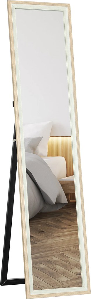 Espelho de Pé 37x157 cm Espelho de Corpo Inteiro com Estrutura de MDF e Suporte Branco e Madeira Clara