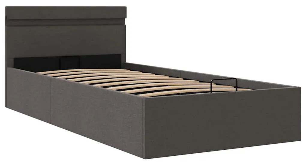 Cama hidráulica arrumação c/ LEDs 90x200cm tecido cinza-escuro