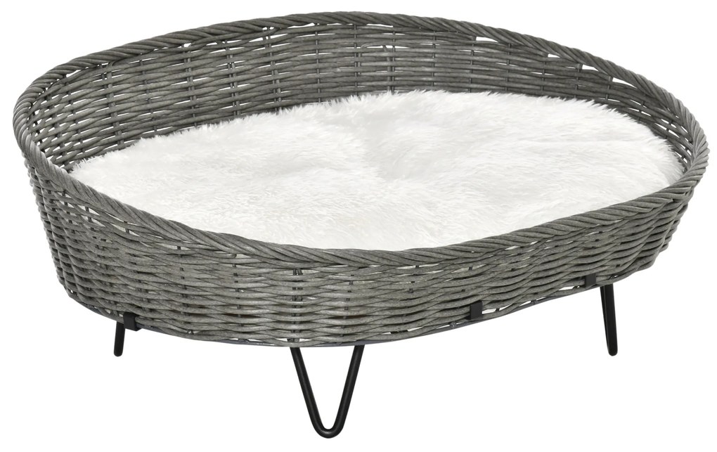 PawHut Cama para Cães e Gatos de Vime Cama de Vime para Animais de Estimação Médios e Pequenos com Almofada Lavável e Pés Elevados 76x59x32cm Cinza