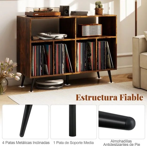 Suporte para gira-discos e discos vinil com 2 prateleiras abertas e 4 compartimentos para sala de estar ou quarto 100 x 40 x 74,5 cm Castanho e preto