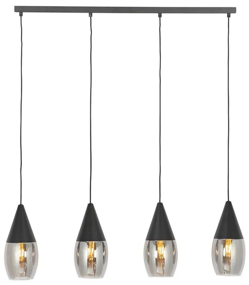 Candeeiro de suspensão moderno preto com vidro fumê 4 luzes - Drop Moderno