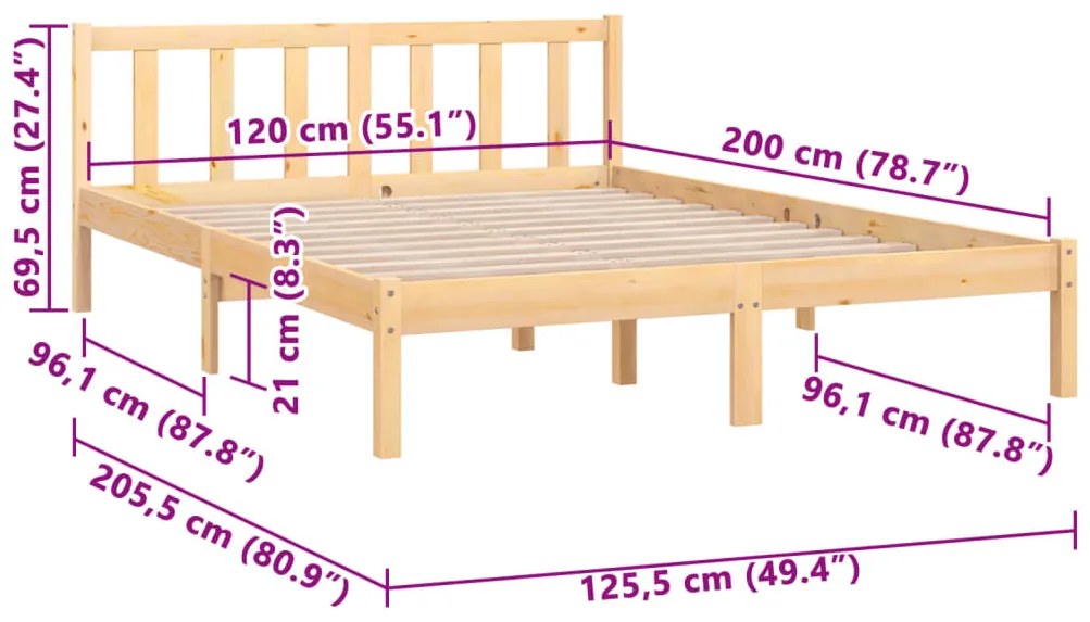 Estrutura de cama 120x200 cm madeira de pinho maciço
