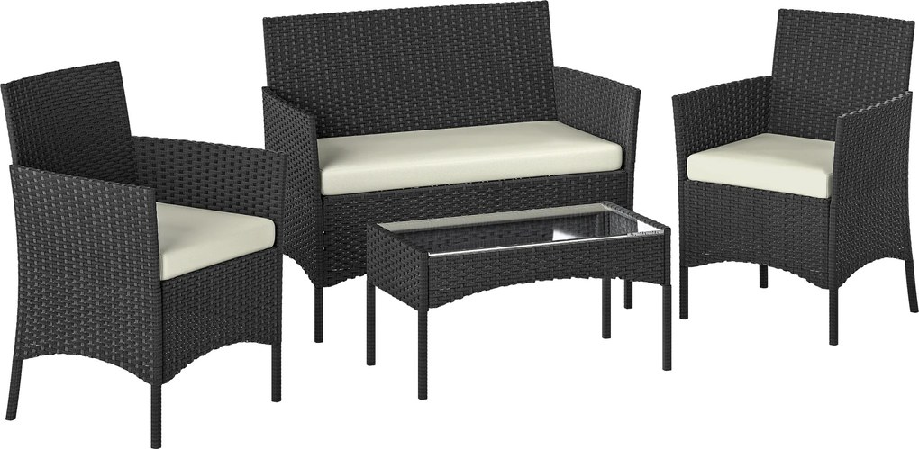 Outsunny Conjunto de Móveis de Jardim em Vime Sintético com Sofá Poltronas e Mesa de Vidro Temperado com Almofadas Preto e Creme | Aosom Portugal