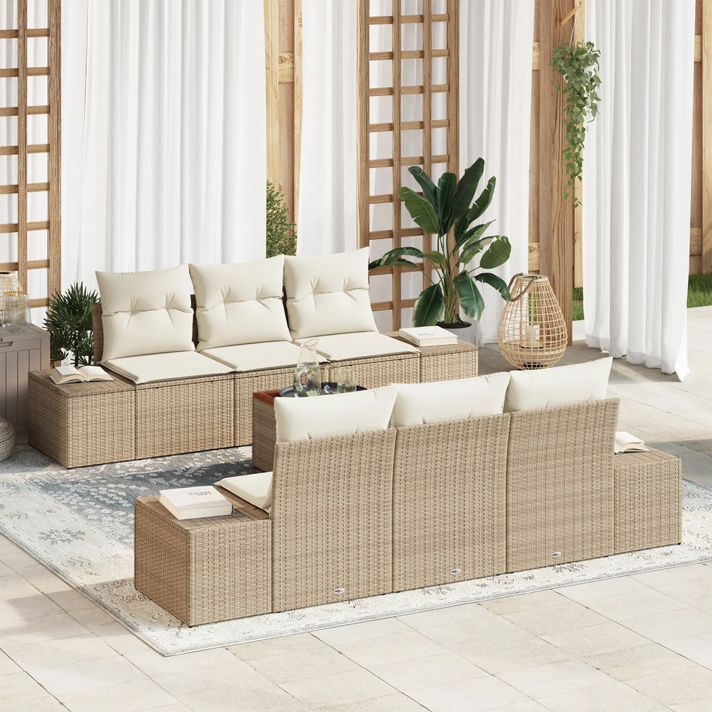 vidaXL Conjunto de Sofá de Jardim com 7 Peças e Almofadas Bege de Rattan e Acácia