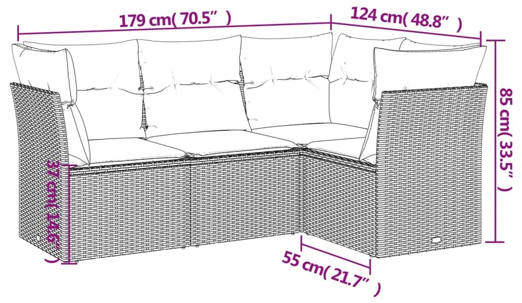 4 pcs conjunto sofás de jardim c/ almofadões vime PE cinzento