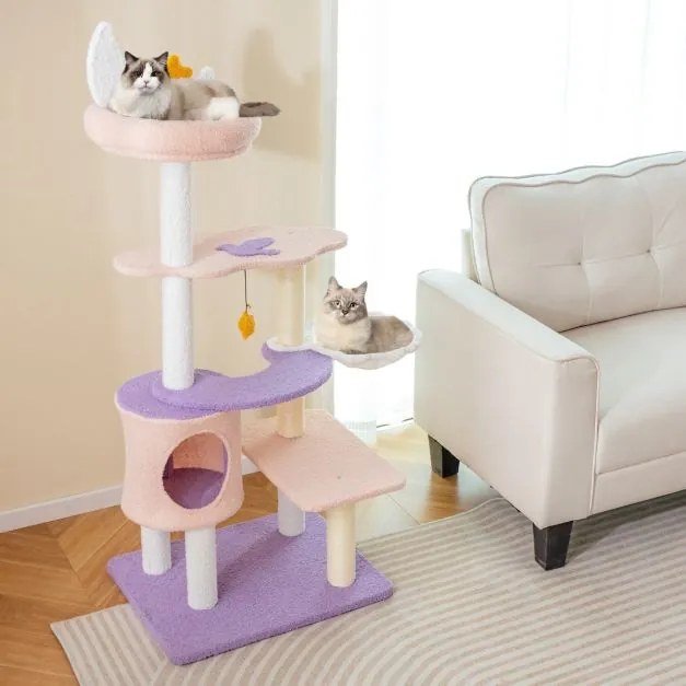 Arranhador para gatos de vários níveis com poste de arranhar coberto de sisal Rede de pelúcia brinquedos Roxo