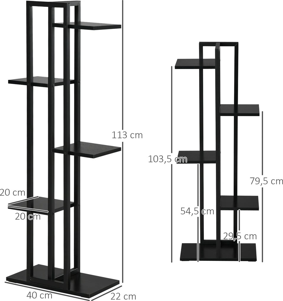 Estante para flores em aço com 5 prateleiras 40 x 22 x 113 cm,, para interior e exterior, suporte para plantas para jardim, varanda ou sala, preta