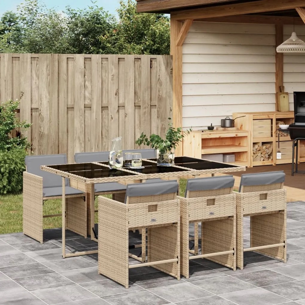 vidaXL 7 pcs conj. jantar jardim c/ almofadões vime PE bege misturado
