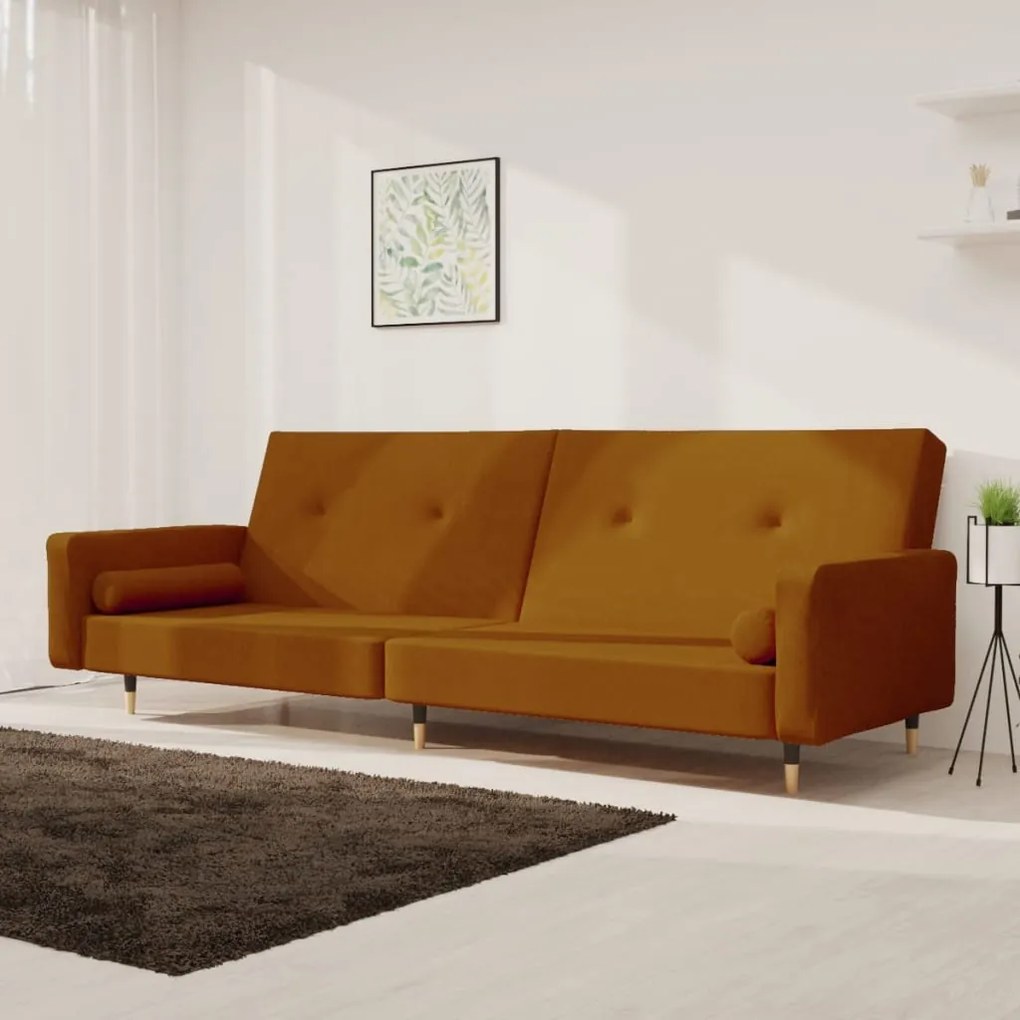 337341 vidaXL Sofá-cama 2 lugares com duas almofadas veludo castanho
