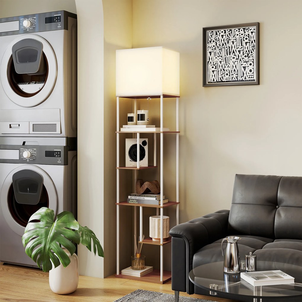 Candeeiro de Pé com Prateleiras Brilho e Temperaturas de Cor Ajustáveis 3000K-6500K e Temporizador 40x29x171 cm Branco e Madeira