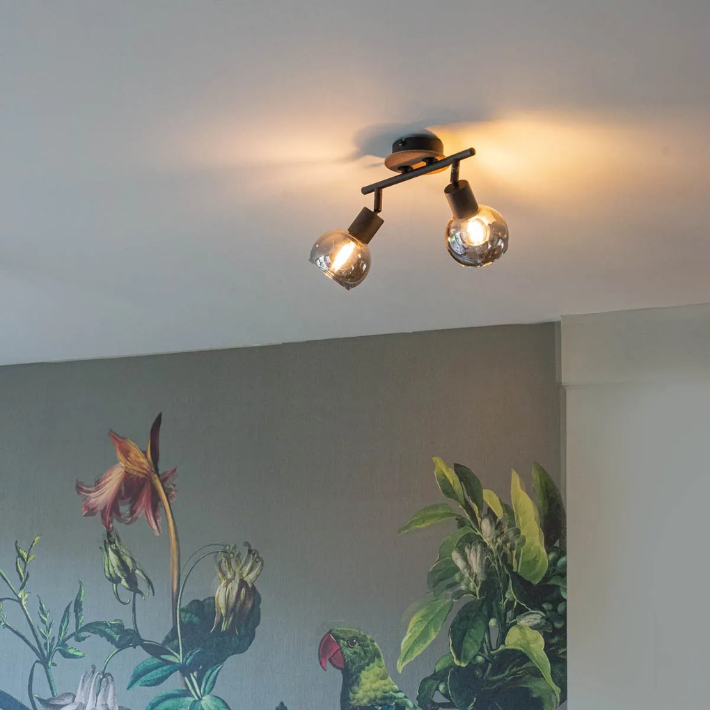 Candeeiro de teto preto com vidro fumê e madeira 2-luzes - Vidro