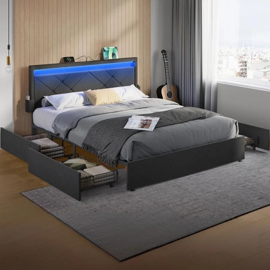 Estrutura de cama de casal para colchão de 140 x 200 cm (COLCHÃO NÃO INCLUIDO) com cabeceira cinza