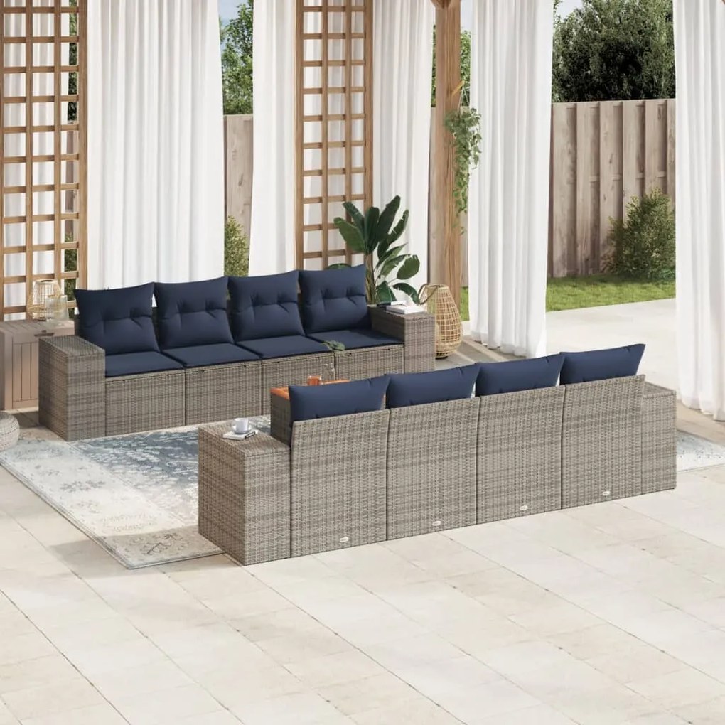 vidaXL 9 pcs conjunto sofás p/ jardim c/ almofadões vime PE cinzento