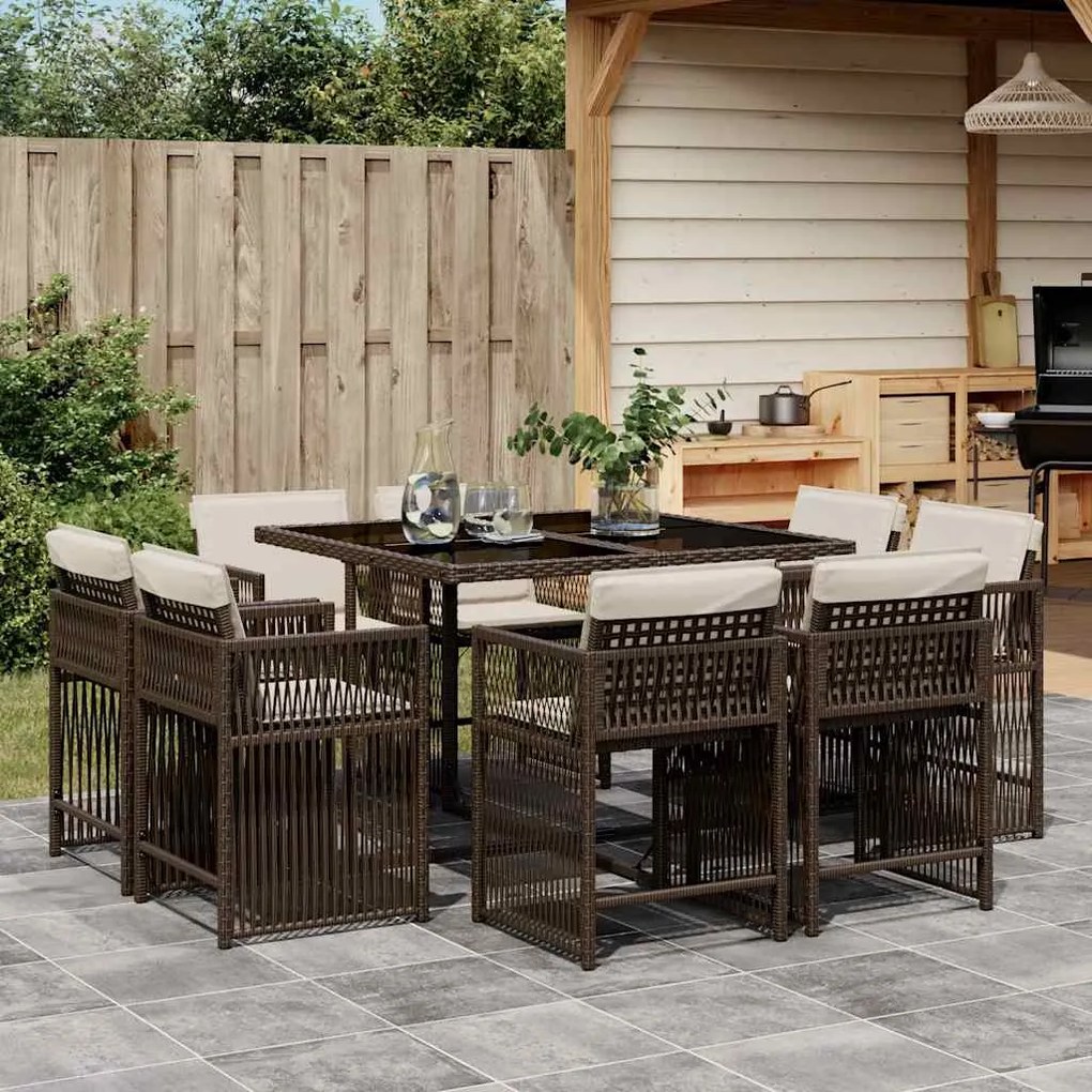 vidaXL 9 pcs conjunto jantar p/ jardim c/ almofadões vime PE castanho
