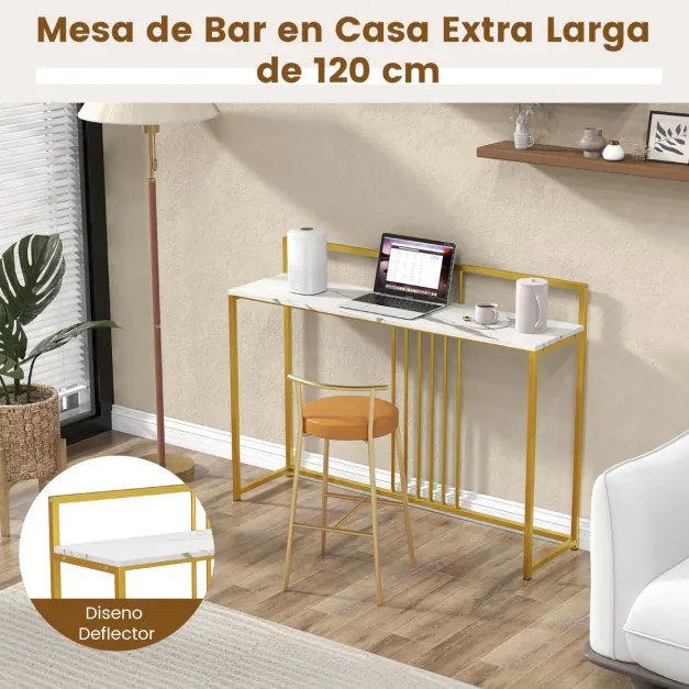 Mesa Consola de entrada com superfície em mármore artificial e estrutura em metal dourado 120 x 32 x 89 cm Branco + Dourado