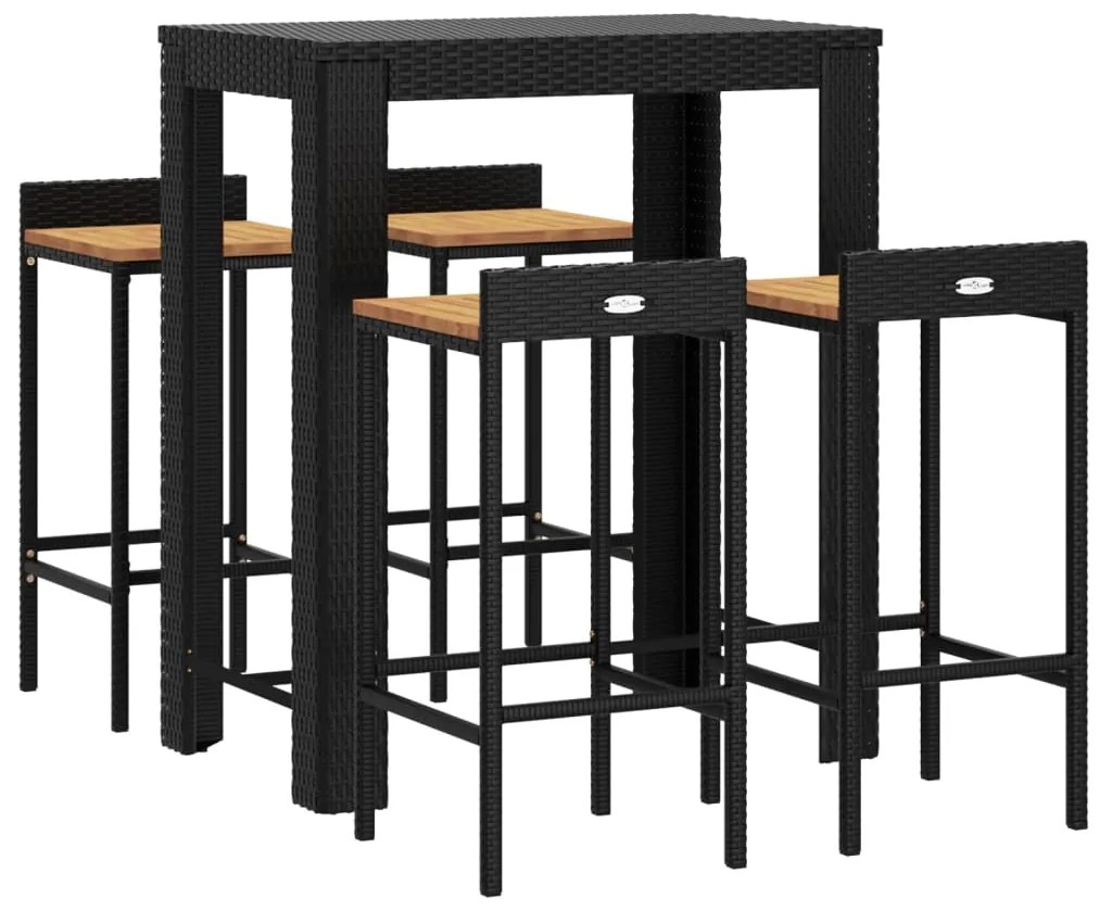 5 pcs conjunto de bar p/ jardim vime PE/acácia maciça preto