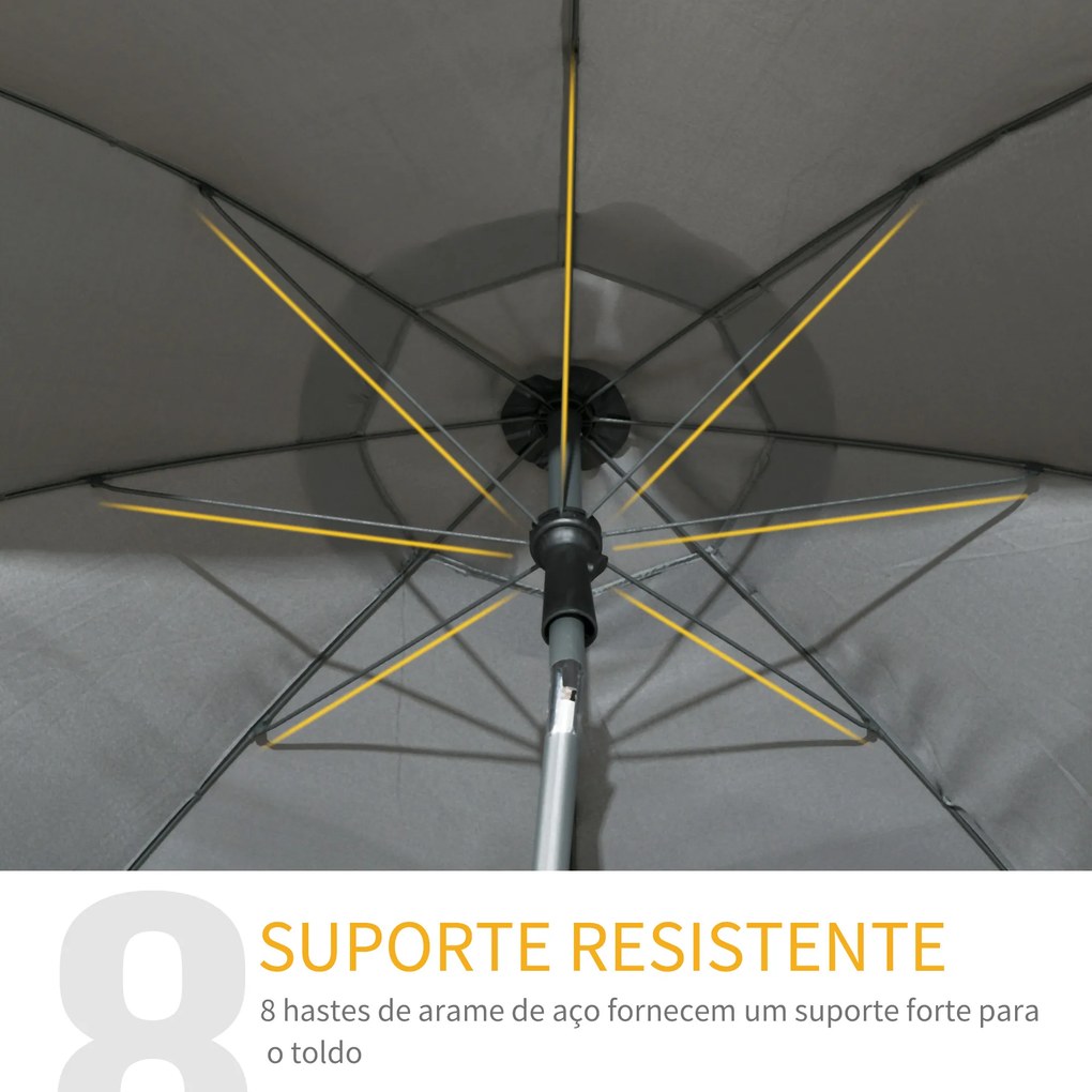 Chapéu de Sol de Praia Grande Ø180 cm Chapéu de Sol de Exterior com Ângulo Ajustável Proteção UV50+ Mastro de Ø32 mm Cinza