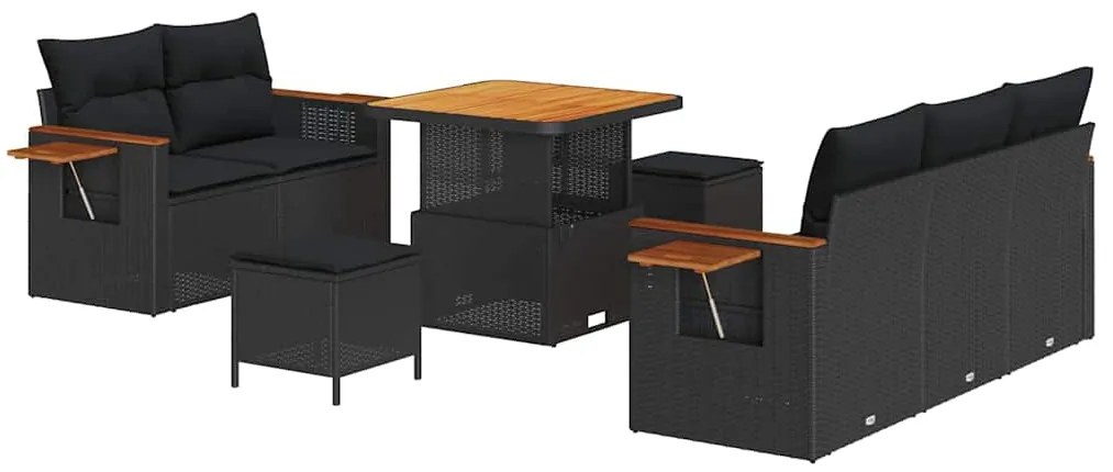 Conjunto de Sofá de Jardim vidaXL 8 Peças com Almofadas Preto Vime PE