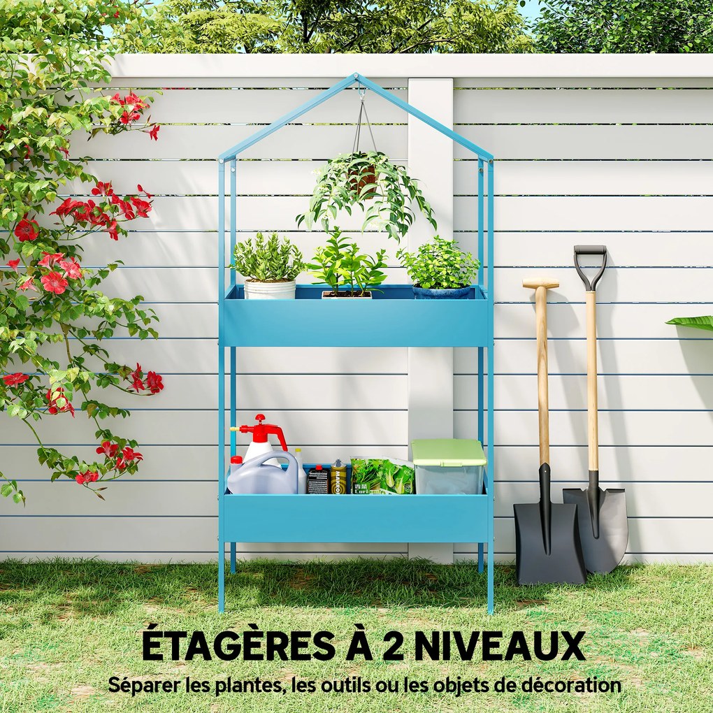 Prateleira para plantas de 2 níveis 75 x 35 x 150 cm, suporte para plantas em metal com gancho, suporte para vasos em forma de casa, azul