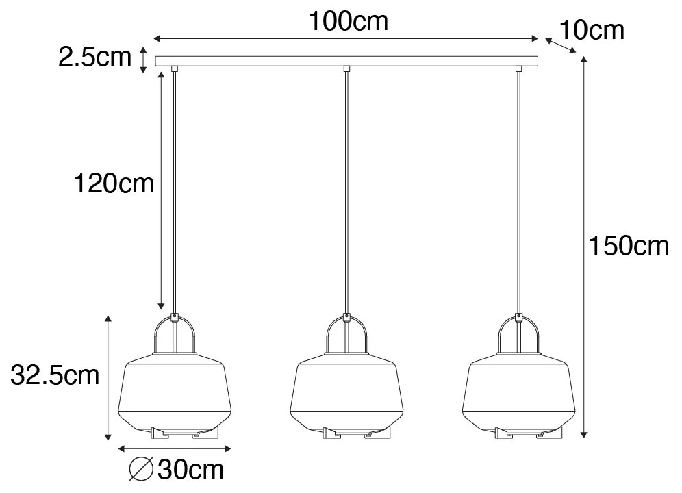 Candeeiro suspenso preto com vidro fumê 30 cm oblongo 3 luzes - Kevin Art Deco