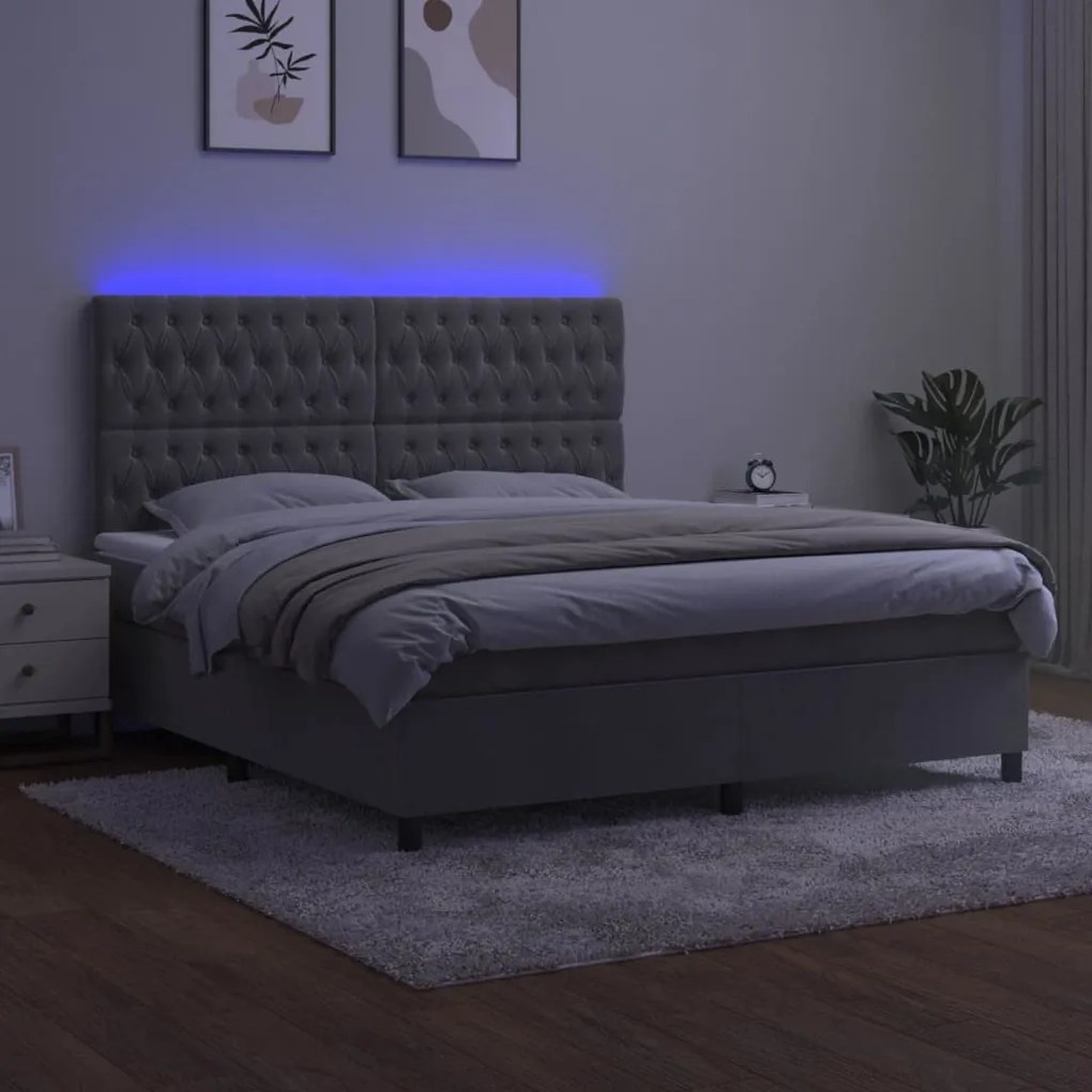 Cama box spring c/ colchão/LED 160x200 cm veludo cinzento-claro