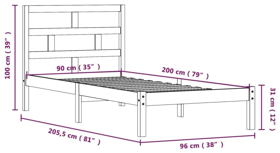 Estrutura de cama 90 x 200 cm madeira de pinho maciça