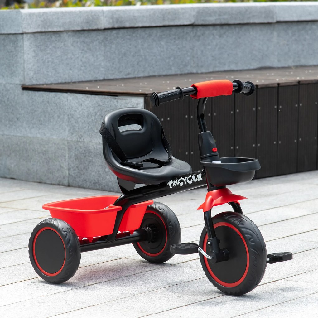 Triciclo evolutivo para crianças com assento ajustável, pedais, 2 cestos e cinto de segurança, para crianças dos 2 aos 5 anos, vermelho e preto