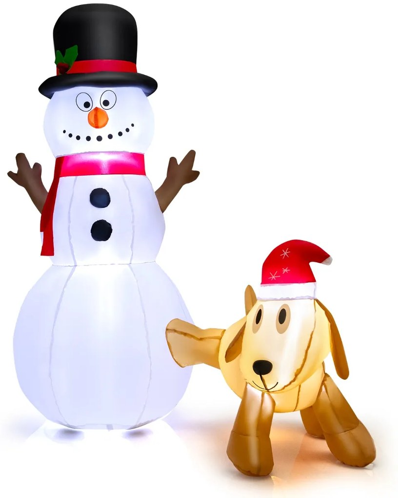 Decoração de Natal insuflável com boneco de neve e cão de 180 cm de altura com luzes LED incorporadas branca e amarela