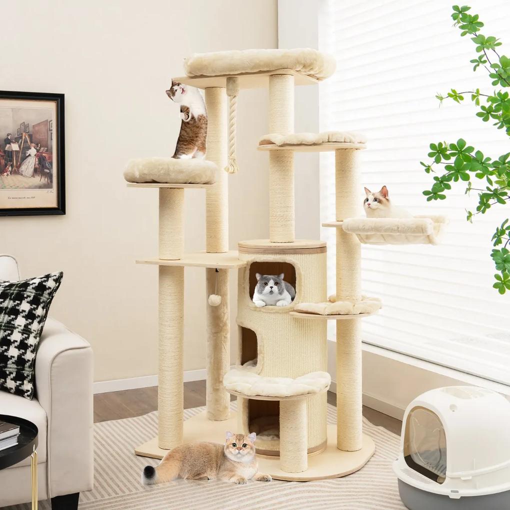Árvore arranhador para gatos multinível com postes iniciais Móveis modernos para gatos de interior 95 x 68 x 173 cm Bege