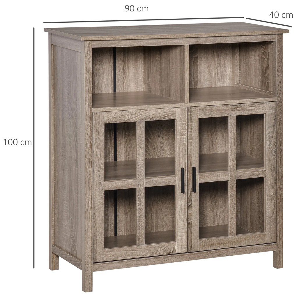 Aparador de Cozinha Armário Buffet com 2 Portas de Vidro e 2 Compartimentos Abertos Móvel Auxiliar de Armazenamento para Sala de Jantar Sala de