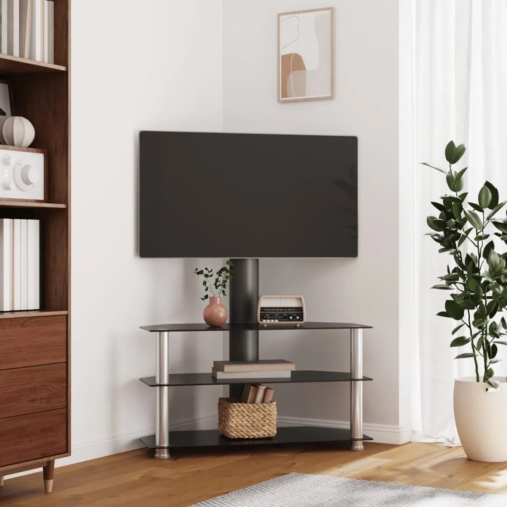vidaXL Suporte canto TV 32-70 polegadas 3 prateleiras preto/prateado