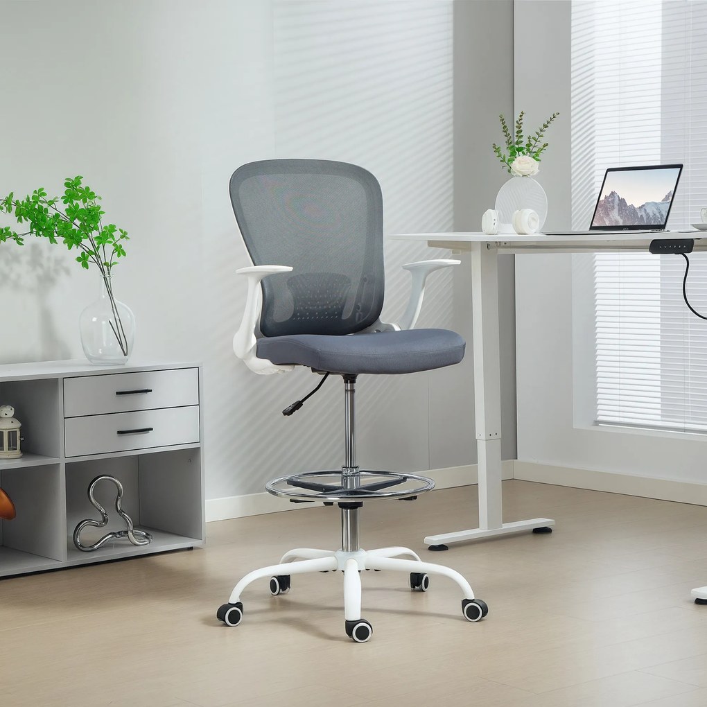 Cadeira de escritório ergonómica com apoio para os pés ajustável e braços rebatíveis, altura regulável, 59 x 62 x 99-119 cm, cinzenta
