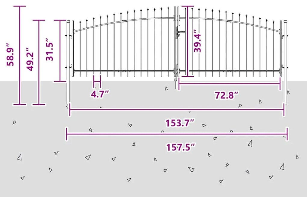 Portão de Jardim com Ponta de Lança de Dupla Abertura Cinza 100x400 cm