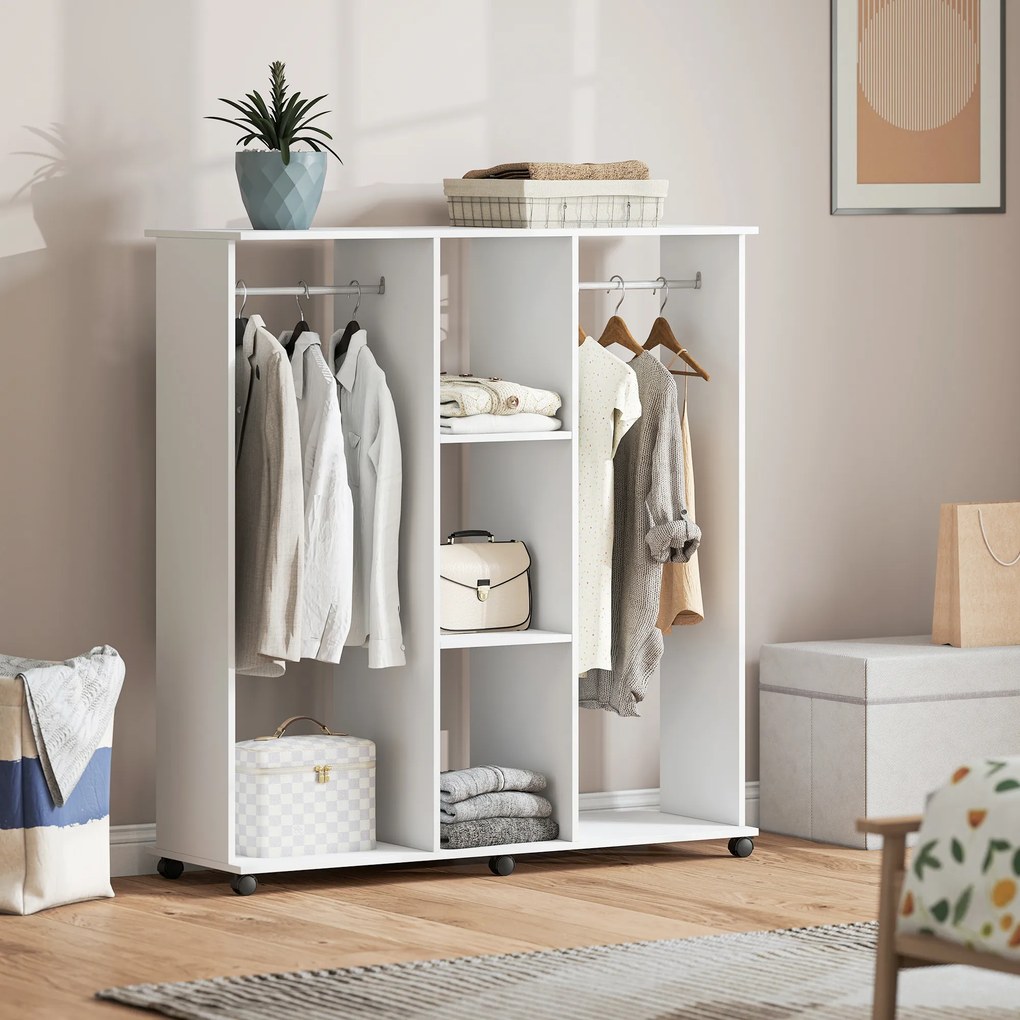 Guarda roupa aberto com varões, móvel de arrumação com rodas, 6 rodas, 120 x 40 x 128 cm, branco
