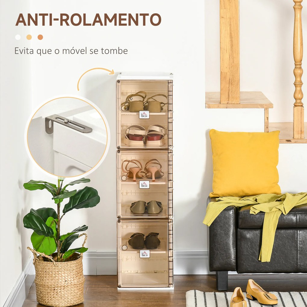 HOMCOM Móvel Sapateiro Dobrável Organizador de Sapatos com 3 Portas Magnéticas 3 Prateleiras para 6 Pares de Sapatos para Entrada Corredor Dormitório 27x34x99cm Branco e Marrom