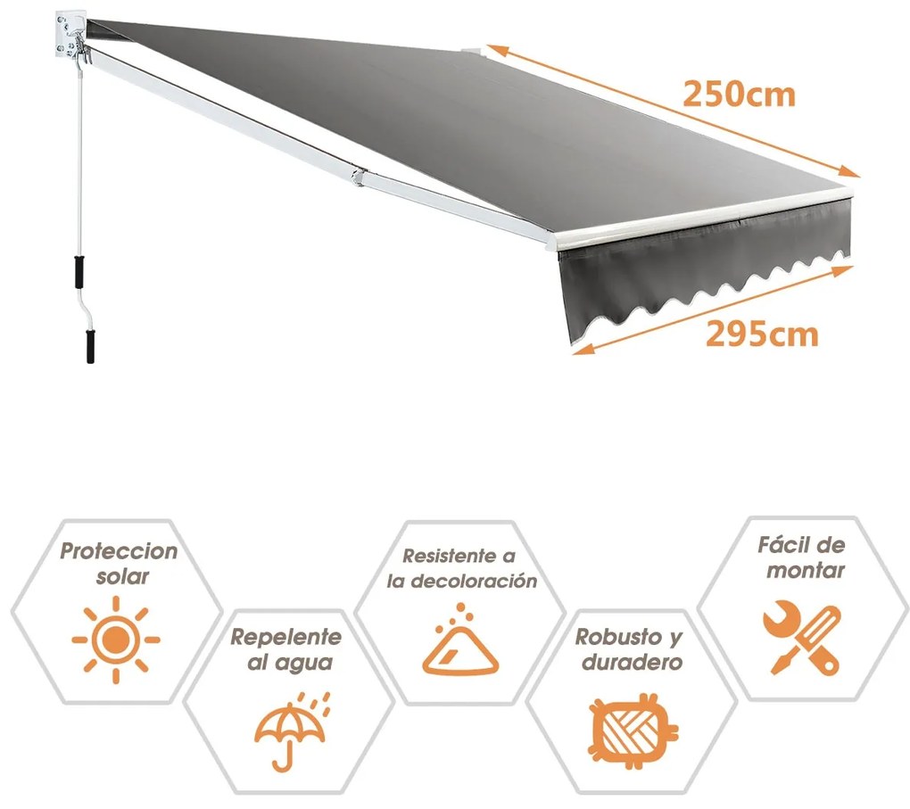 Toldo retrátil 295 x 250 cm com manivela manual Marquesina para parede Porta Janela Cinza