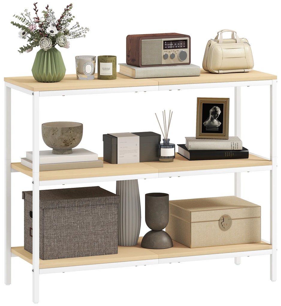Mesa Consola Estreita Consola de Entrada Moderna com 3 Prateleiras Abertas e Pés de Metal 101x35x80 cm Madeira e Branco