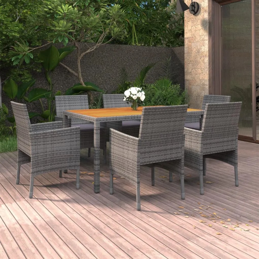 vidaXL 7 pcs conjunto de jantar p/ jardim vime PE cinzento