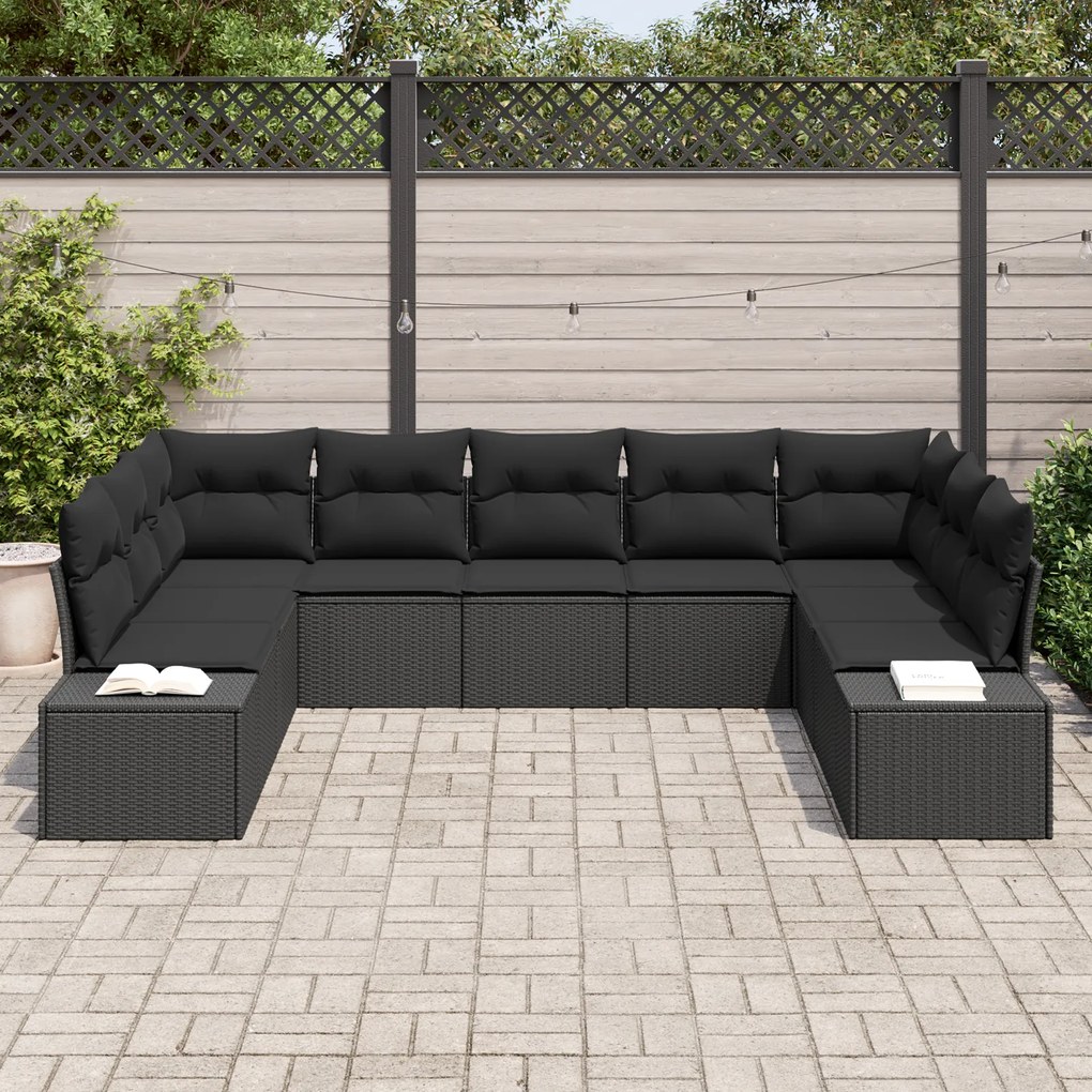 Conjunto de Sofá de 9 Peças para Jardim com Almofadas Rattan Preto