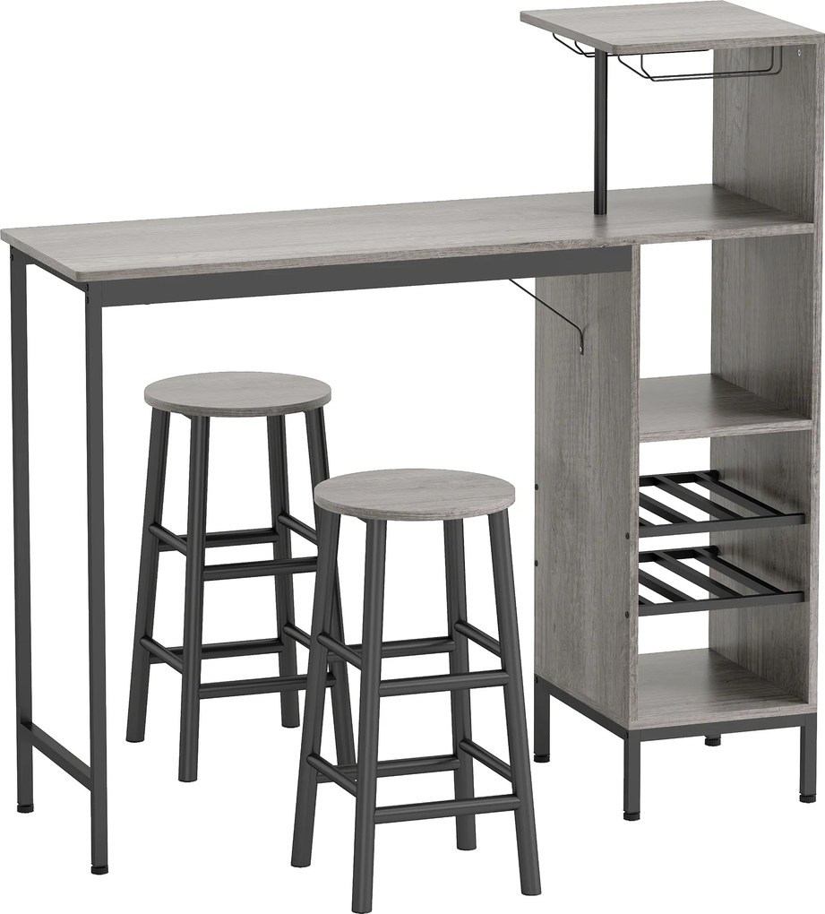 HOMCOM Conjunto Mesa de Bar 3 Peças com Bancos e Estantes Efeito Madeira Natural | Aosom Portugal