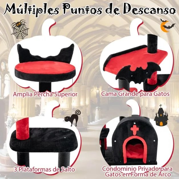 Arranhador gótica para gatos 134 cm com cama pompom e bolas de mola Centro de atividades de 6 níveis Vermelho e preto