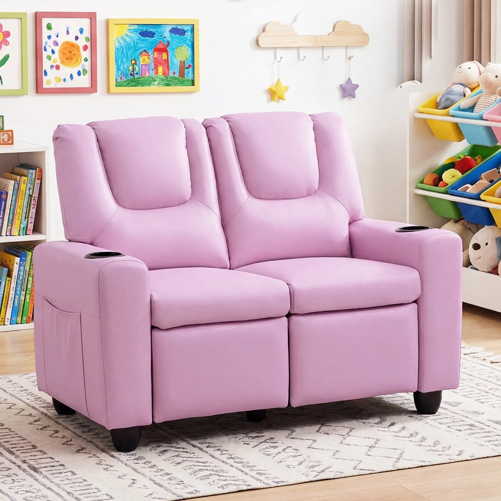 Sofá Infantil de 2 Lugares, 96 x 51,5 x 69 cm, Encosto e Apoio para os Pés Reclináveis, Rosa