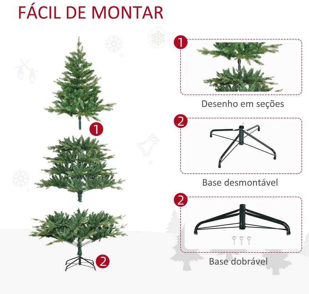 HOMCOM Árvore de Natal Artificial 180cm com 1443 Ramos Folhas de PVC Base Dobrável e Suporte Metálico Decoração de Natal para Interiores Verde